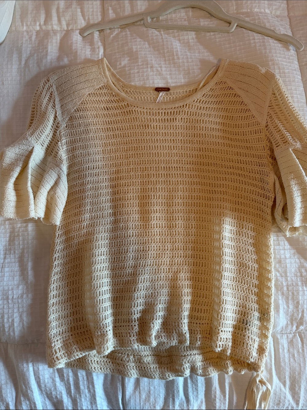 Free People Cream Open-Knit Scoop-Neck Sweater with Puff Short Sleeves